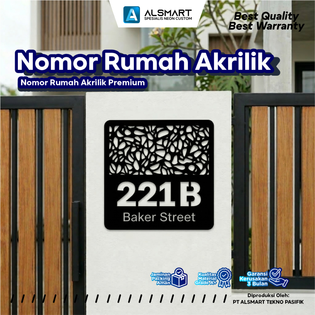 Nomor Rumah Akrilik Alsmart 22x22cm Custom Desain Modern Glossy Akrilik 3mm