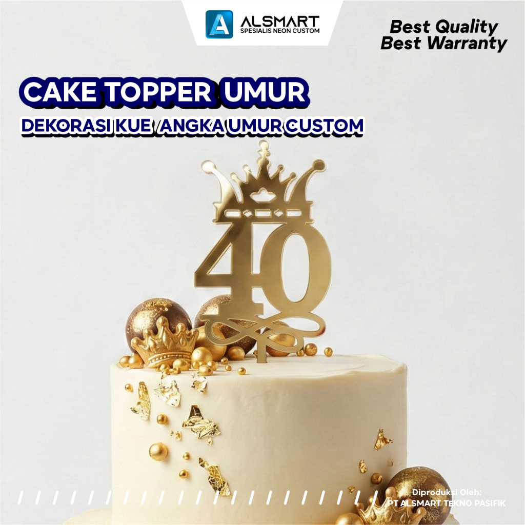 Alsmart Cake Topper Umur Custom Akrilik Gold - Dekorasi Kue Ulang Tahun Angka Mewah - Topper Birthday Custom Size
