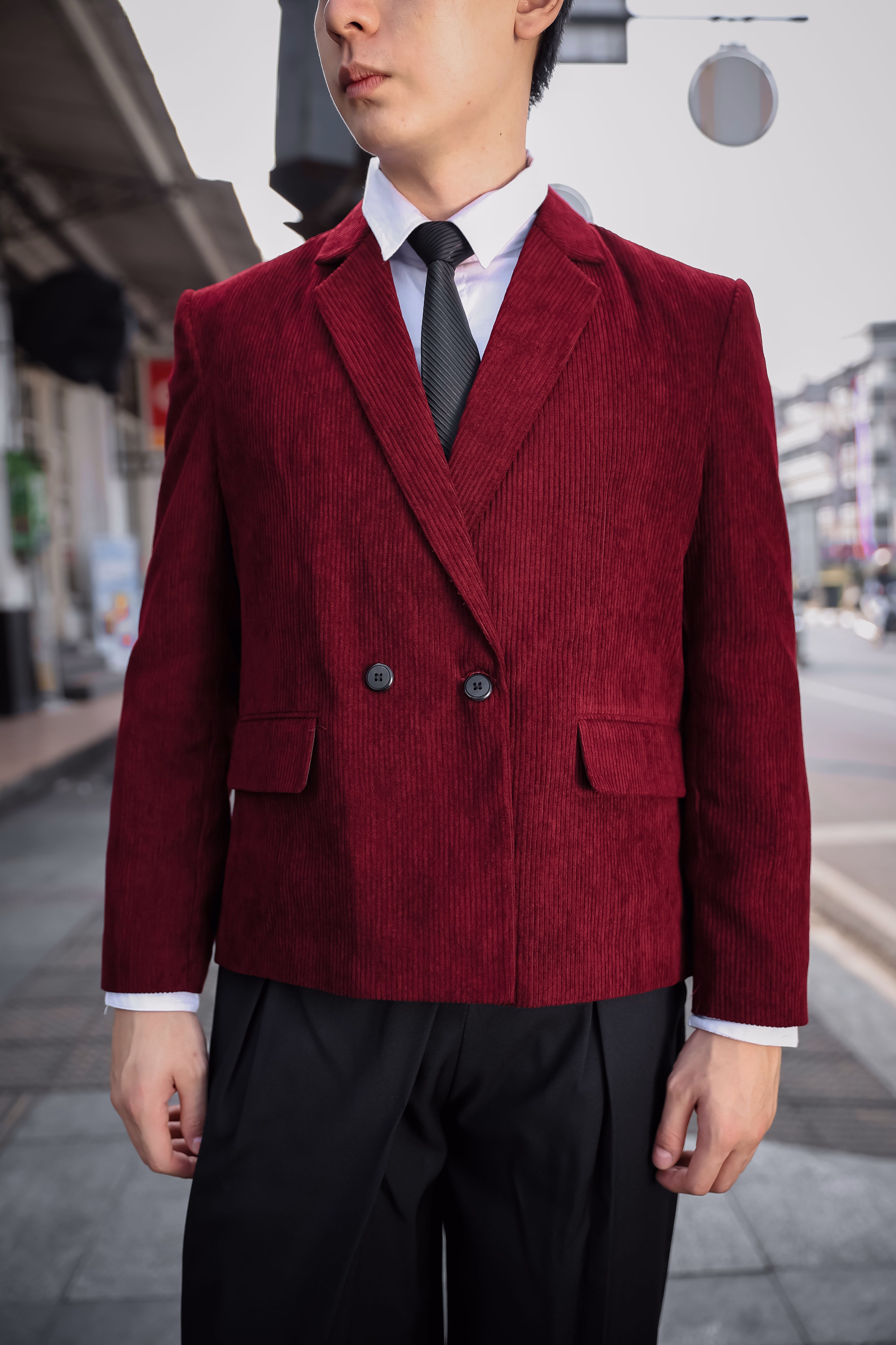 Blazer Pria/wanita Kasual Cozy Maroon Corduroy unisex double breasted 5
