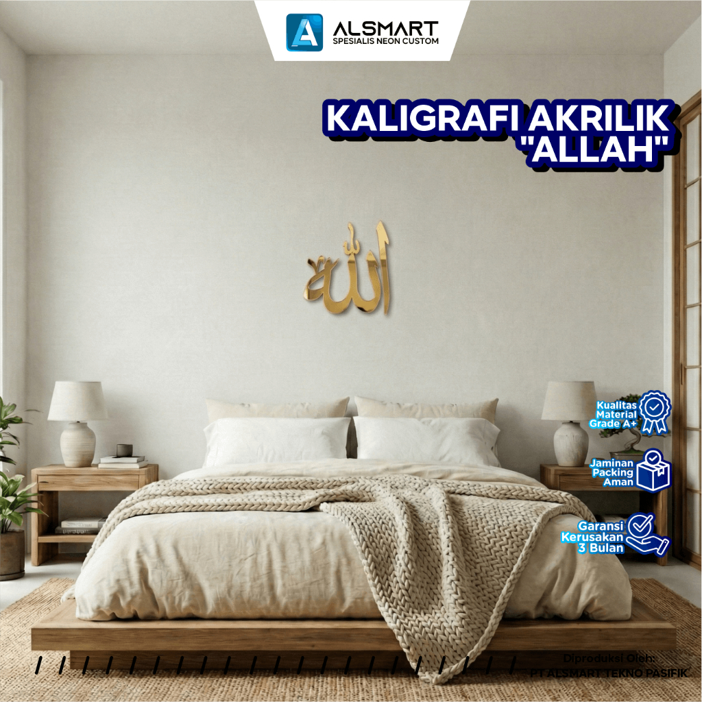 Kaligrafi Dinding ALLAH Akrilik Gold/Silver/Black Mirror Timbul Dekorasi Minimalis Tebal Aesthetic 6