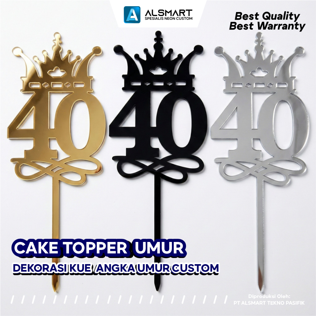 Alsmart Cake Topper Umur Custom Akrilik Gold - Dekorasi Kue Ulang Tahun Angka Mewah - Topper Birthday Custom Size preview