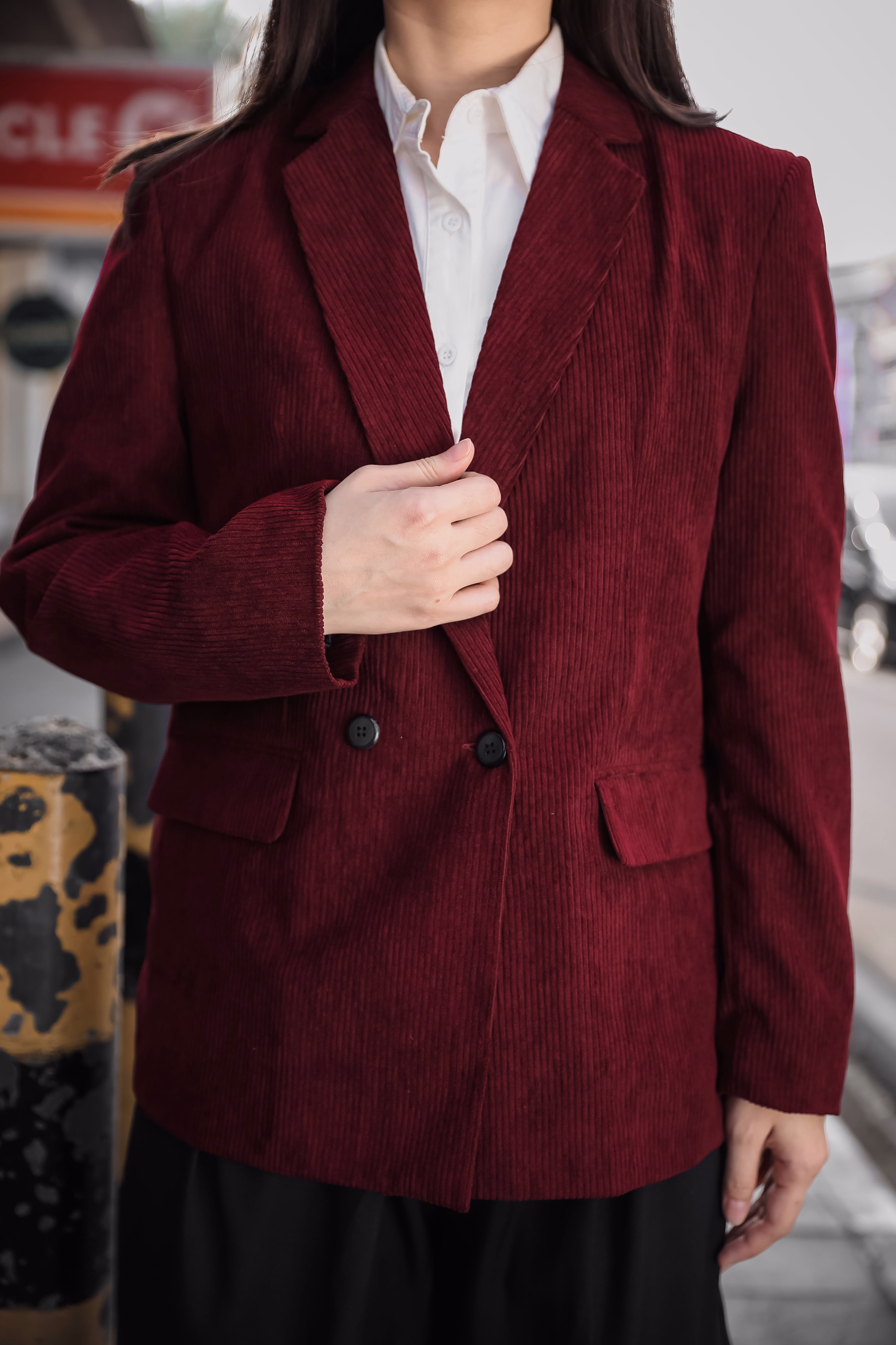 Blazer Pria/wanita Kasual Cozy Maroon Corduroy unisex double breasted 3